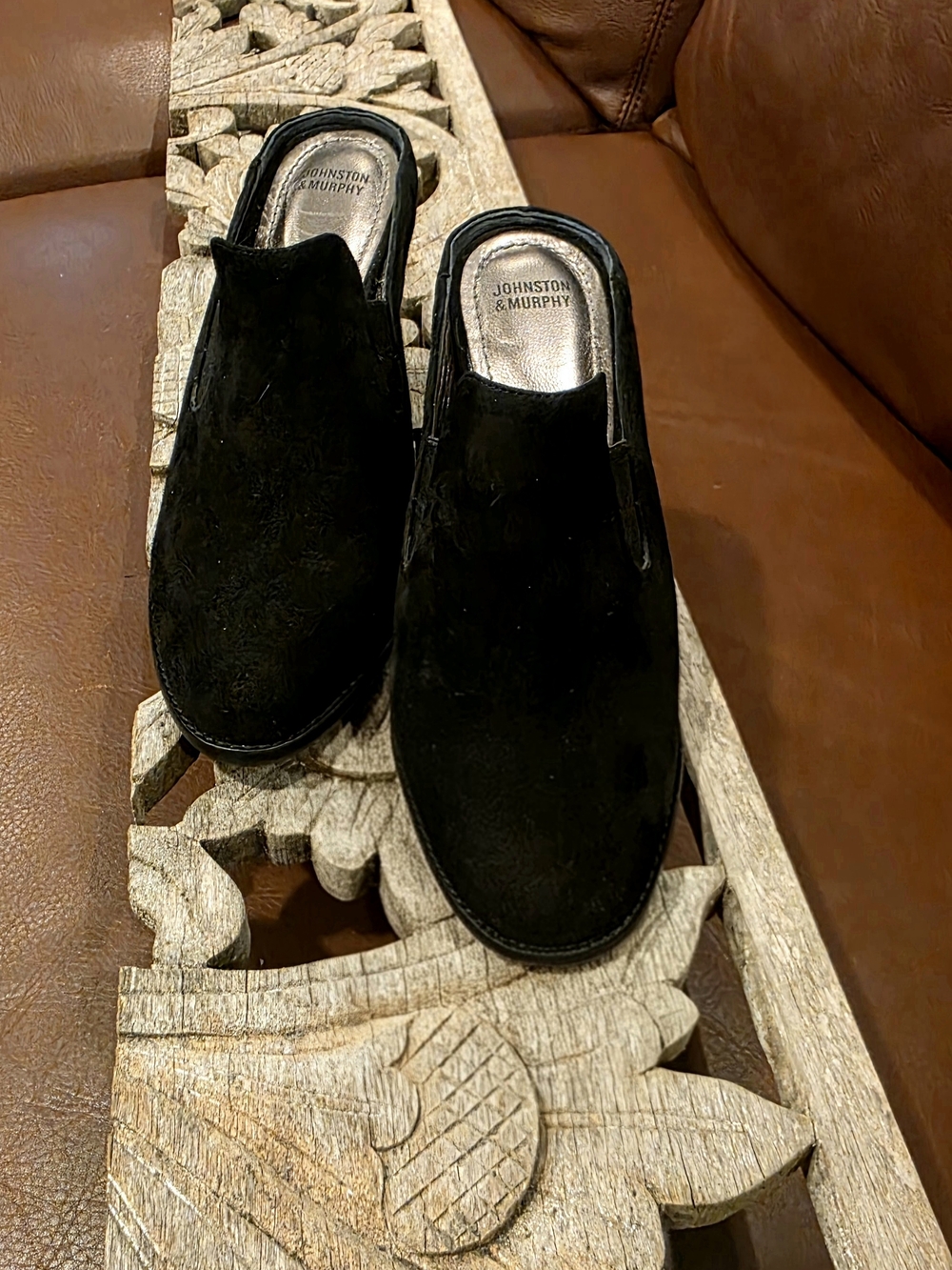 Johnston & Murphy Black Suede Slip-On Mules. Perfect Condition